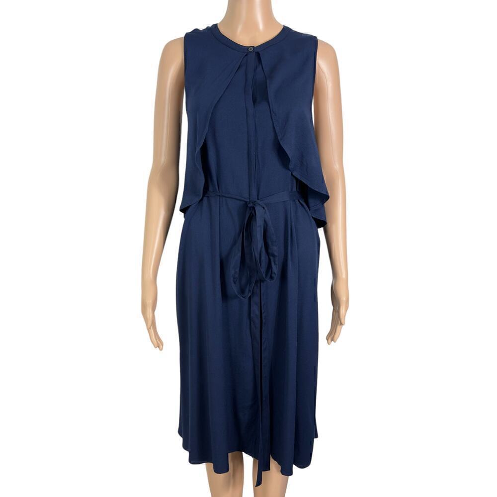 H by Halston Navy Button Front Flowey Sleeveless Midi Length Dress (12)